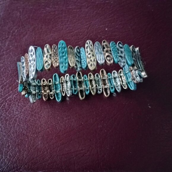 Bracelet Metal Narrow Oval Double holes Beads Tan Bronze Blue 2 Elastic Threads - Picture 1 of 9